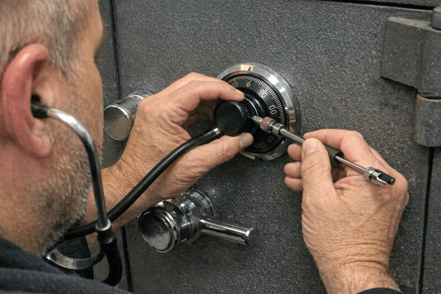 Geöffneter Möbeltresor auf einem Arbeitstisch, Werkzeuge liegen ordentlich daneben
