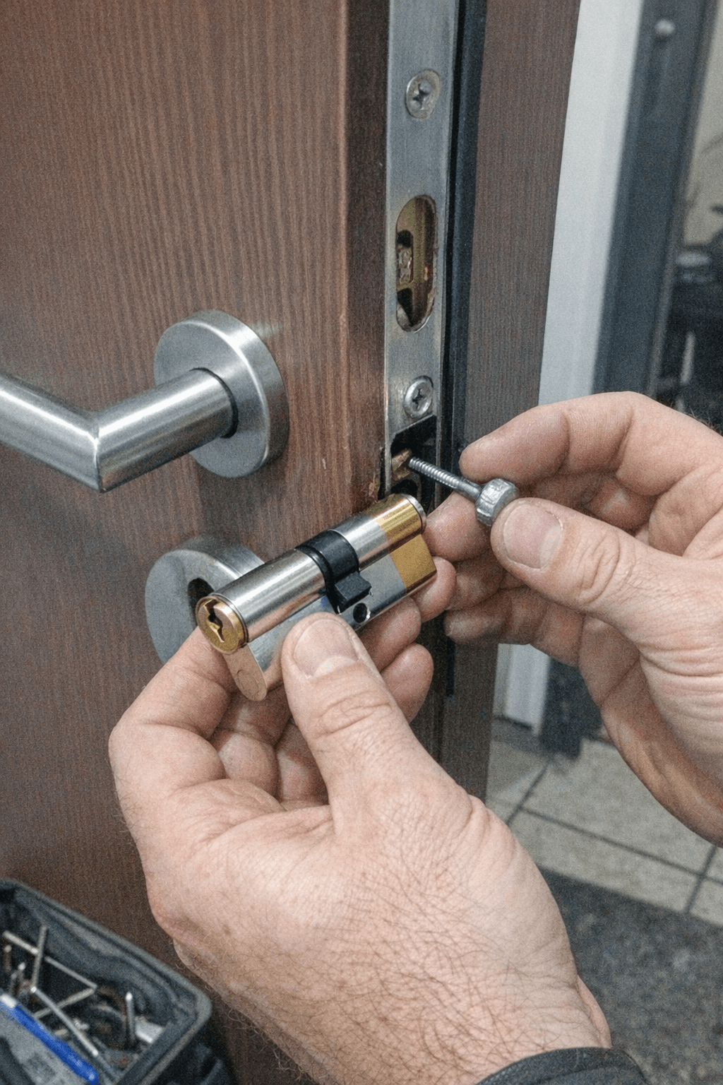 Nahaufnahme: Austausch eines Profilzylinders an einer weißen Haustür mit Schutzbeschlag