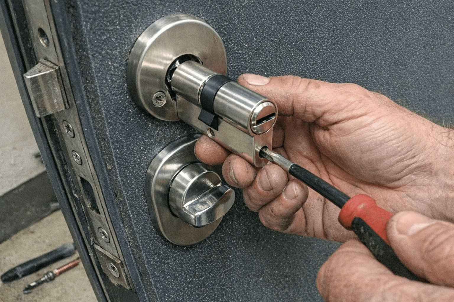 Einbau eines Sicherheitszylinders mit Sicherungskarte, der Monteur hält den Zylinder neben der Tür